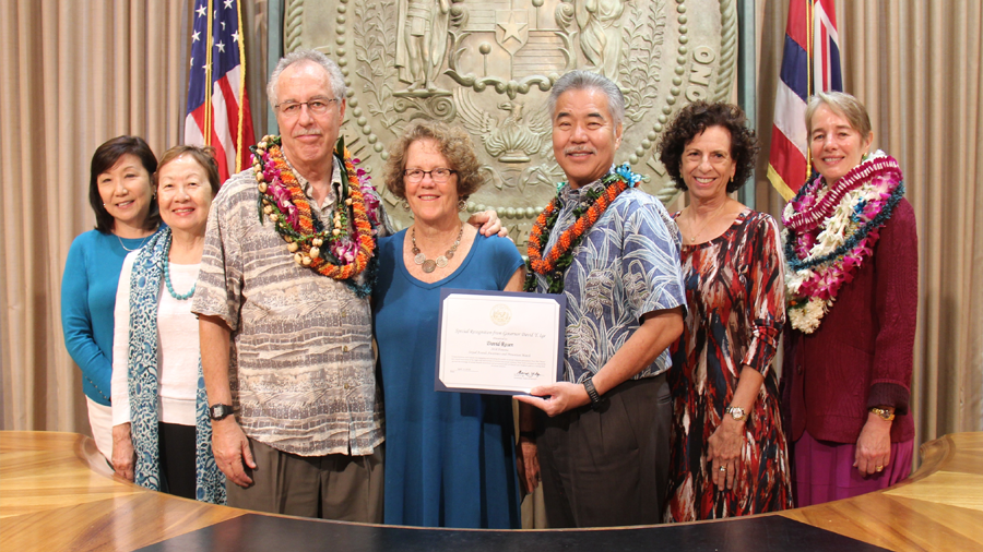 (from left) SATC Associate Director Cindy Shimomi-Saito, HCASA Executive Director Paula Chun, Shooters Film Production Director David Rosen, Wendy Rosen, Governor David Ige, SATC Executive Director Adriana Ramelli, and State Director of Health Dr. Virginia Pressler, at the Governor’s Sexual Assault Awareness Month Proclamation.