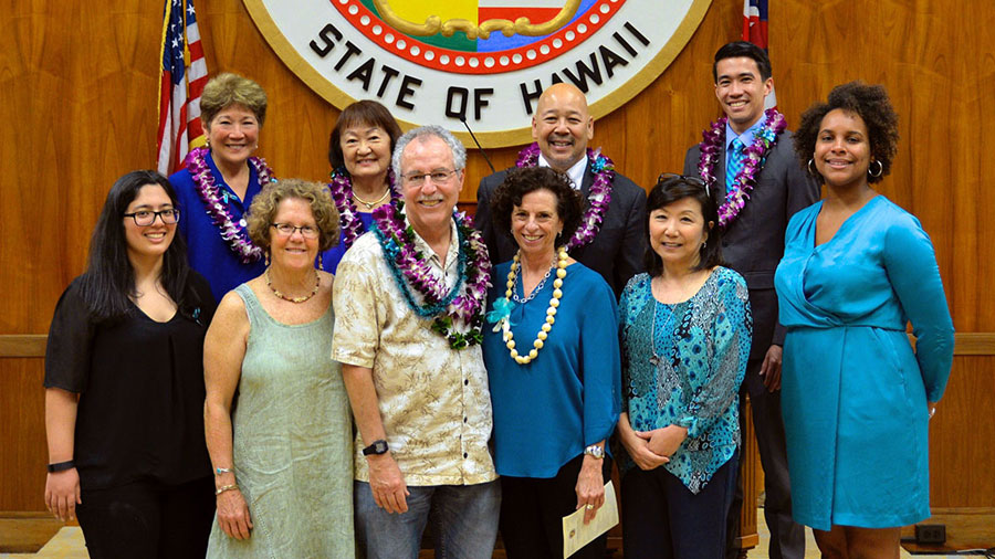 (from left) SATC Education Coordinator Jennifer Fonseca, Honolulu City Councilmember Carol Fukunaga, Wendy Rosen, Honolulu City Councilmember Ann Kobayashi, Shooters Film Production Director David Rosen, SATC Executive Director Adriana Ramelli, Honolulu City Council Chair Ernest Martin, SATC Associate Director Cindy Shimomi-Saito, Honolulu City Councilmember Brandon Elefante, and SATC Education & Community Outreach Manager Chelsea Cross, at the Honolulu Mayor and City Council’s Sexual Assault Awareness Month Proclamation.